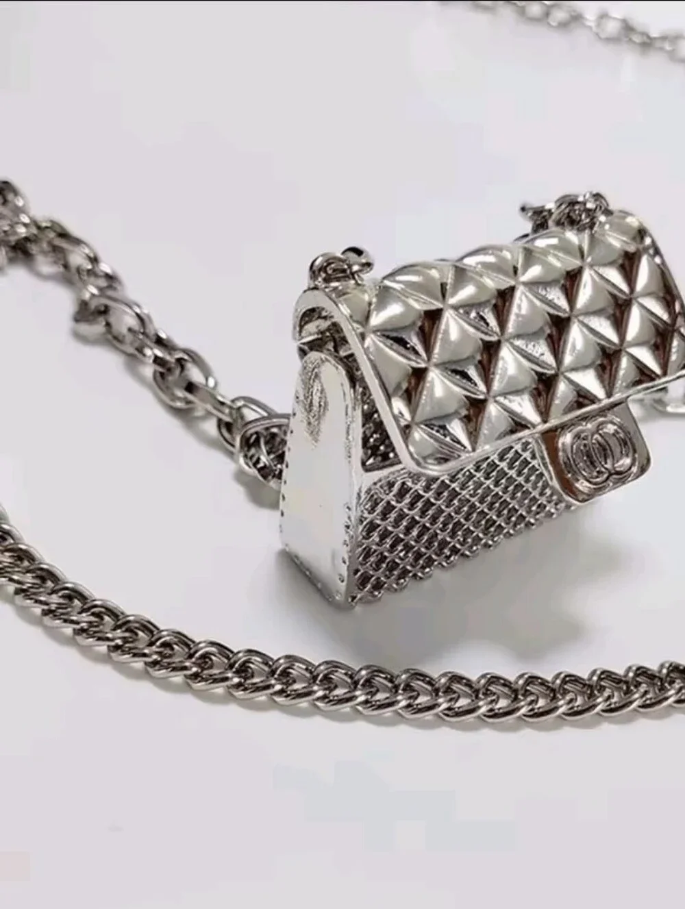 Silver Double Chain Belt with Quilted Purse Charm